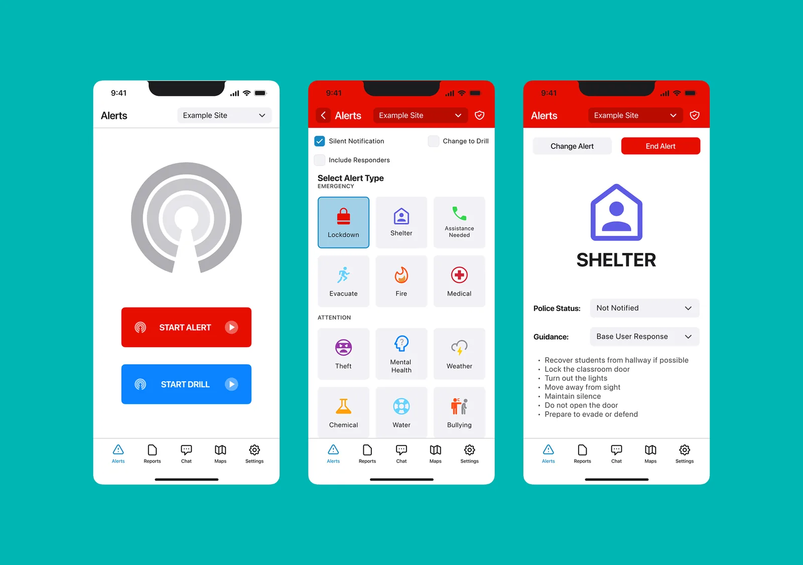 Aegix mobile alert flow: starting an alert or drill, selecting an alert type such as lockdown or shelter, and an active shelter alert with police status and step-by-step guidance