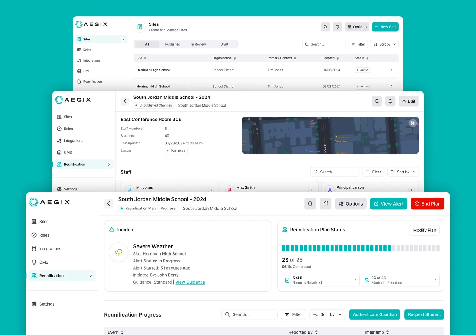 Aegix web console: site management, a reunification site with staff and student counts and a live map, and an active severe-weather incident dashboard