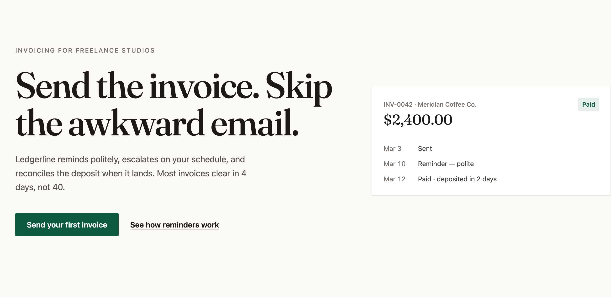 Redesigned invoicing product hero with a restrained background, left-aligned headline, and a real invoice component