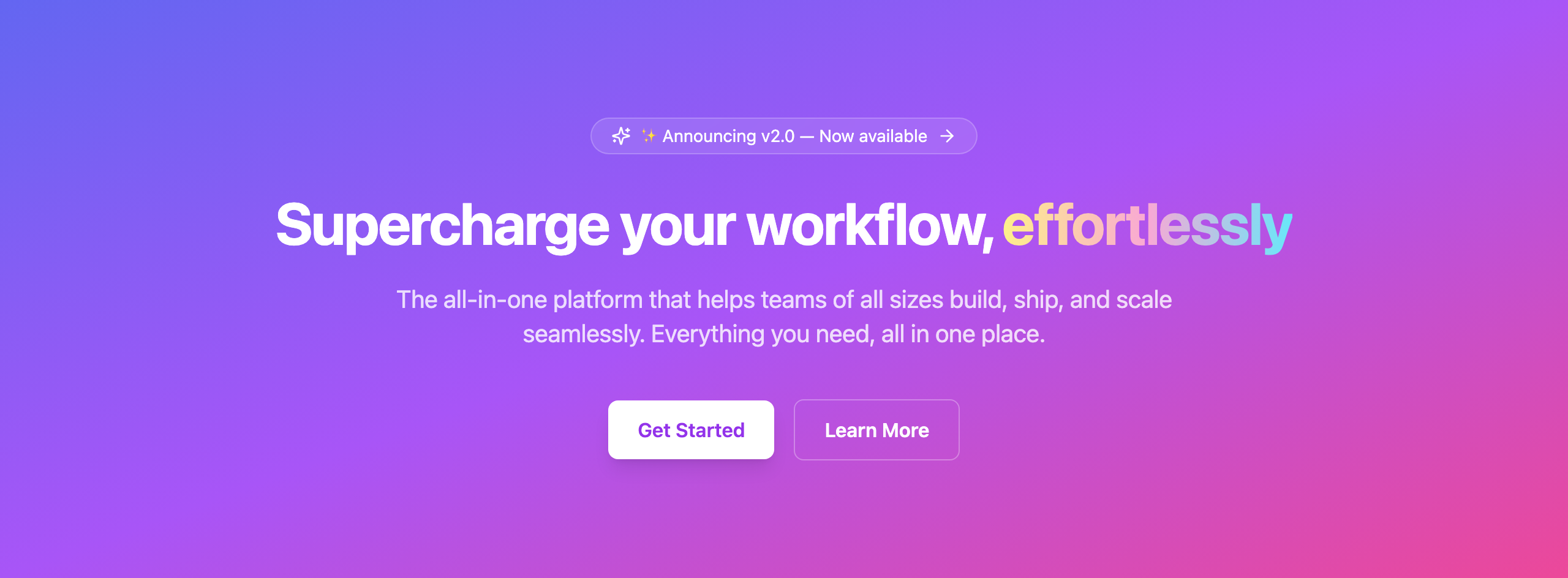 Generated hero section with an indigo-to-pink gradient, sparkle announcement pill, gradient headline, and centered layout