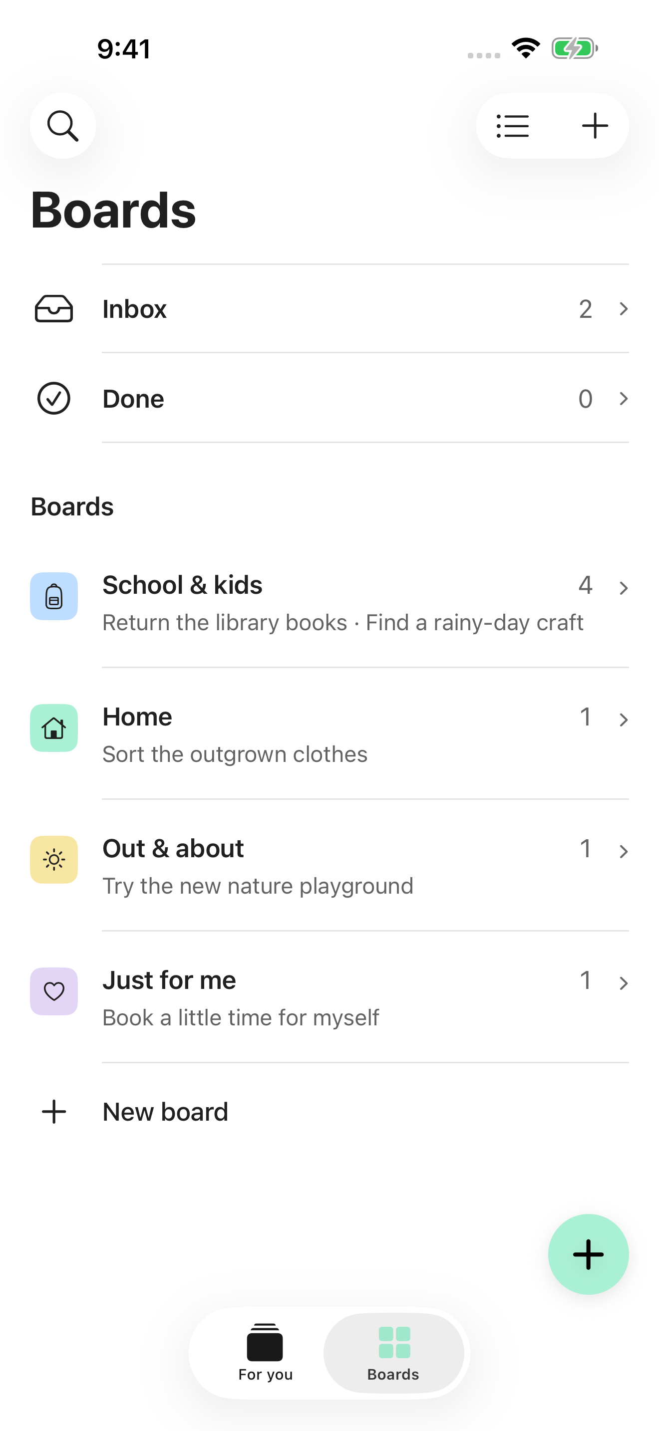 Later Boards with Inbox, Done, and separate boards for School and kids, Home and errands, and Just for me
