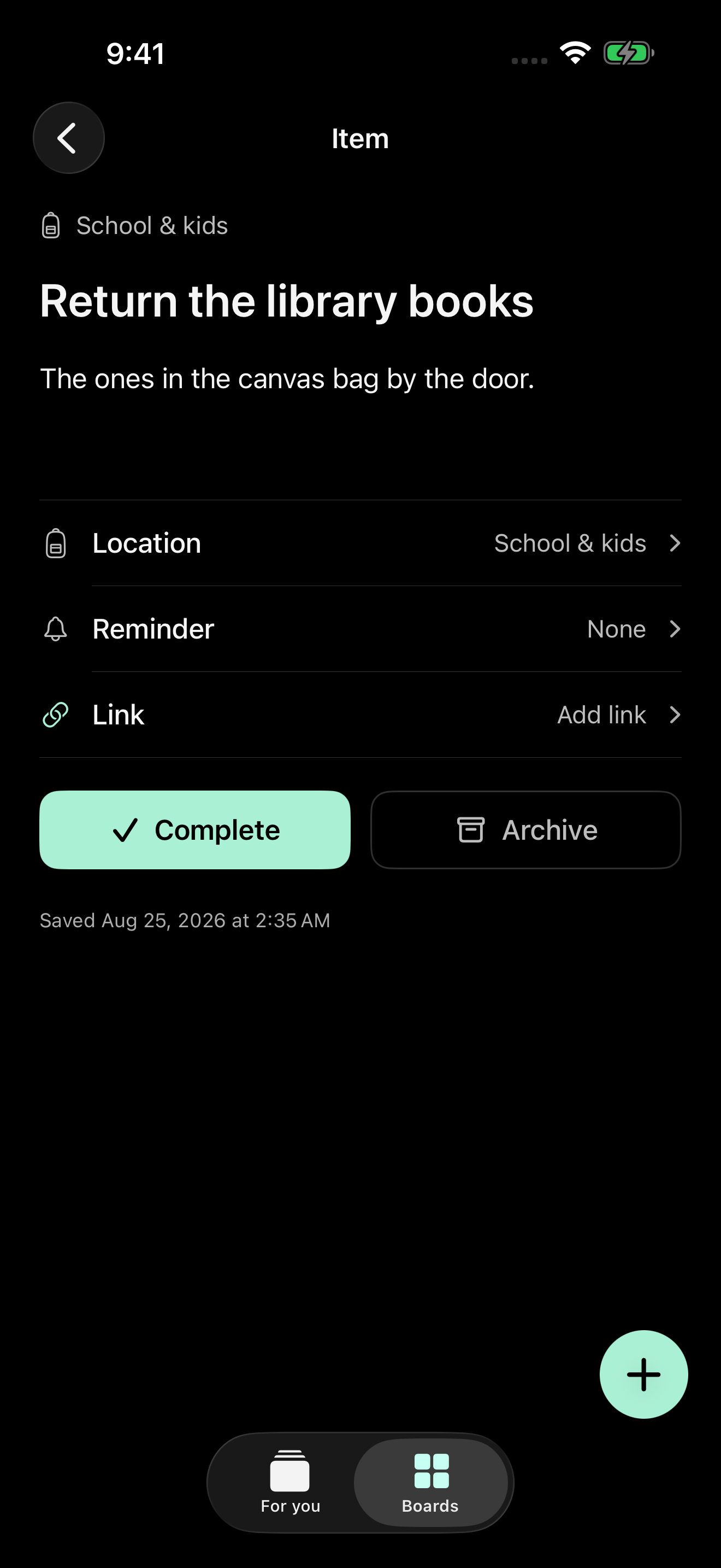 A saved thought in dark mode with notes, board context, and reminder controls