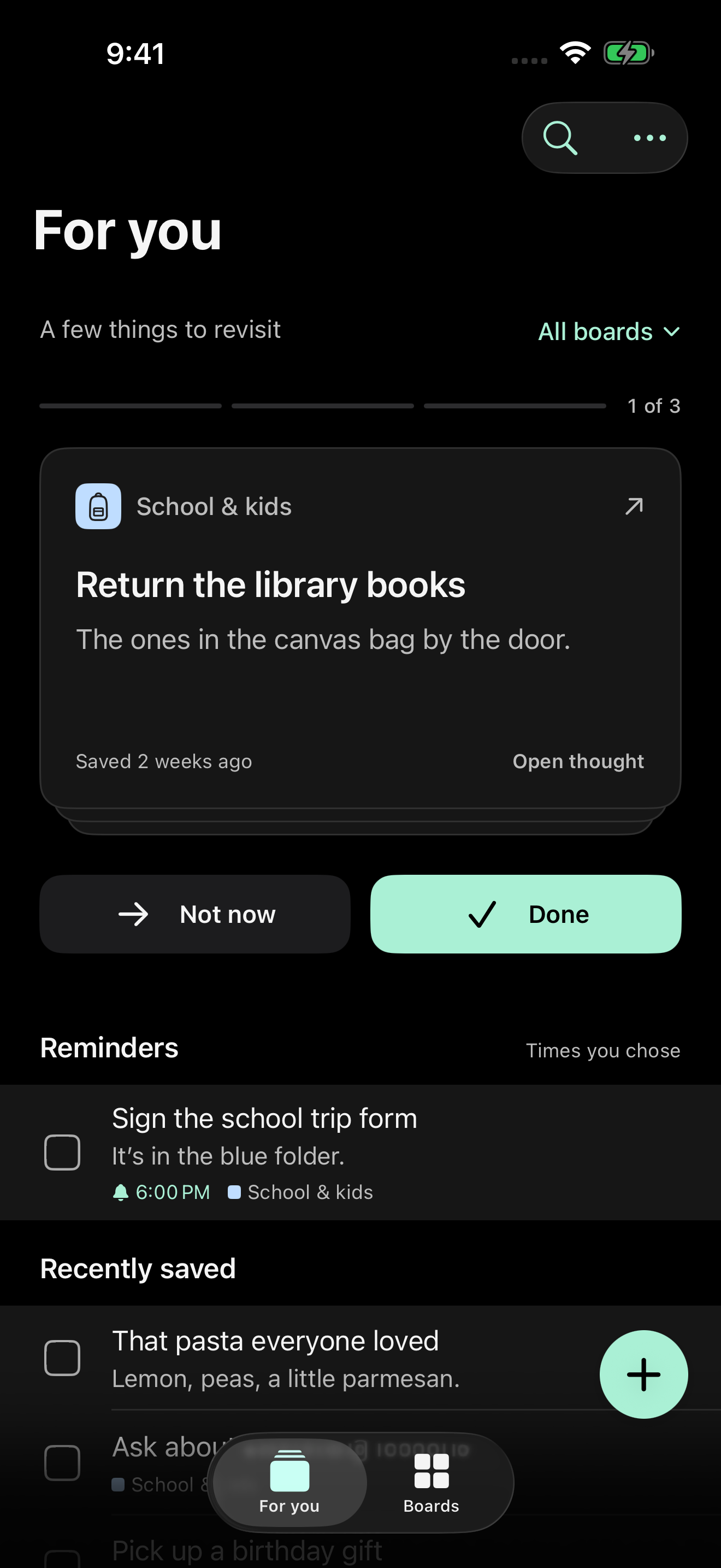 Later For you in true black dark mode, with mint actions and a mint selected navigation icon
