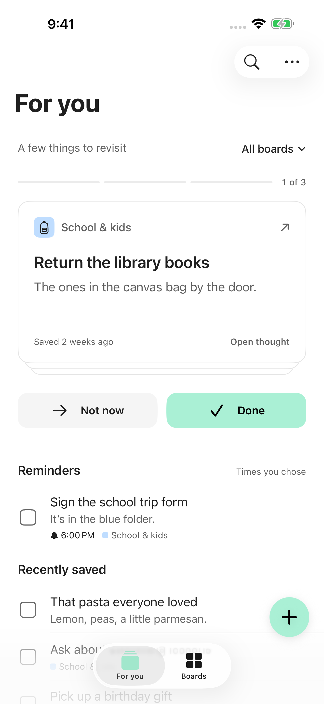Later For you in light appearance, with a three-thought check-in and optional reminders