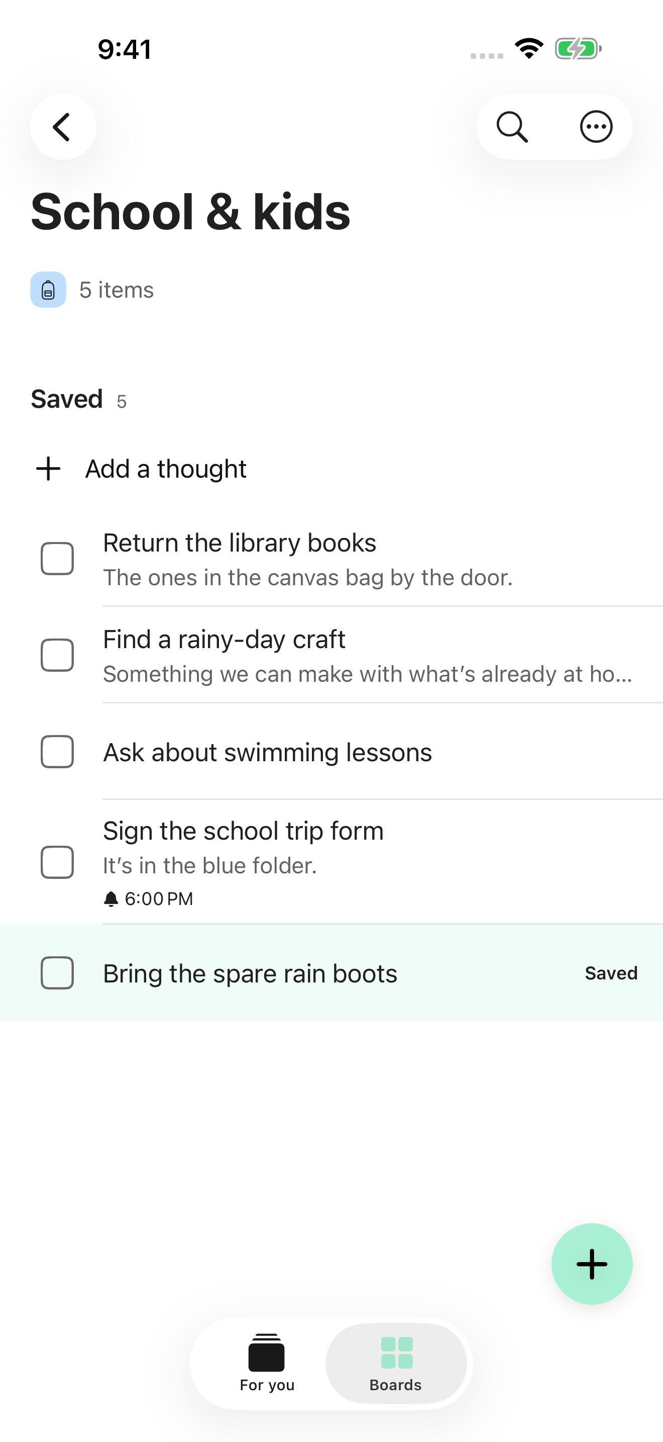 The School and kids board after saving Bring the spare rain boots, with the new thought visible