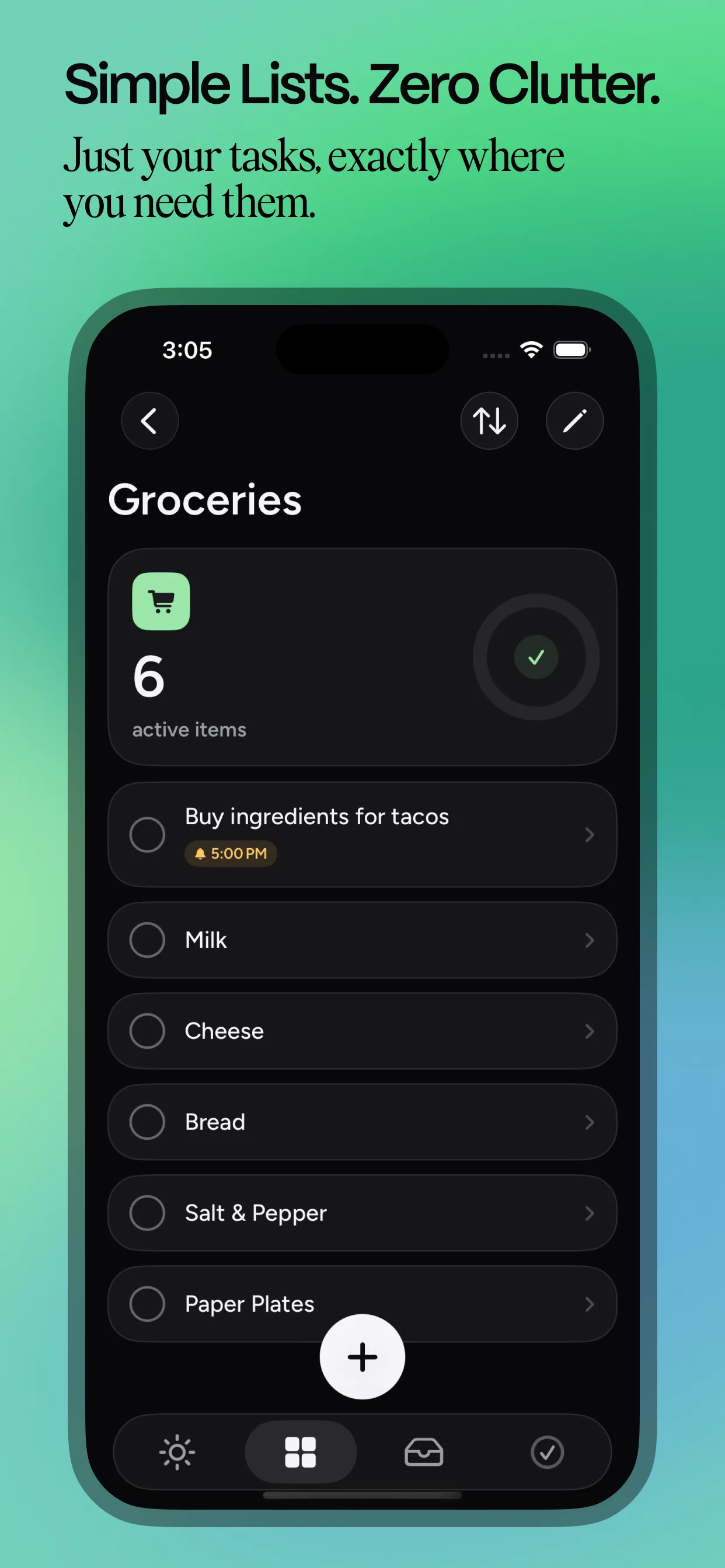 Later list view: a groceries board with plain single-line tasks and nothing else