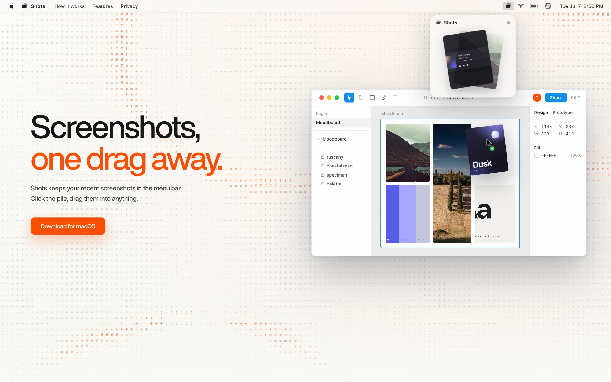 The Shots product site: the hero recreates the macOS menu bar, with the shelf open over a Figma-style window and a screenshot mid-drag